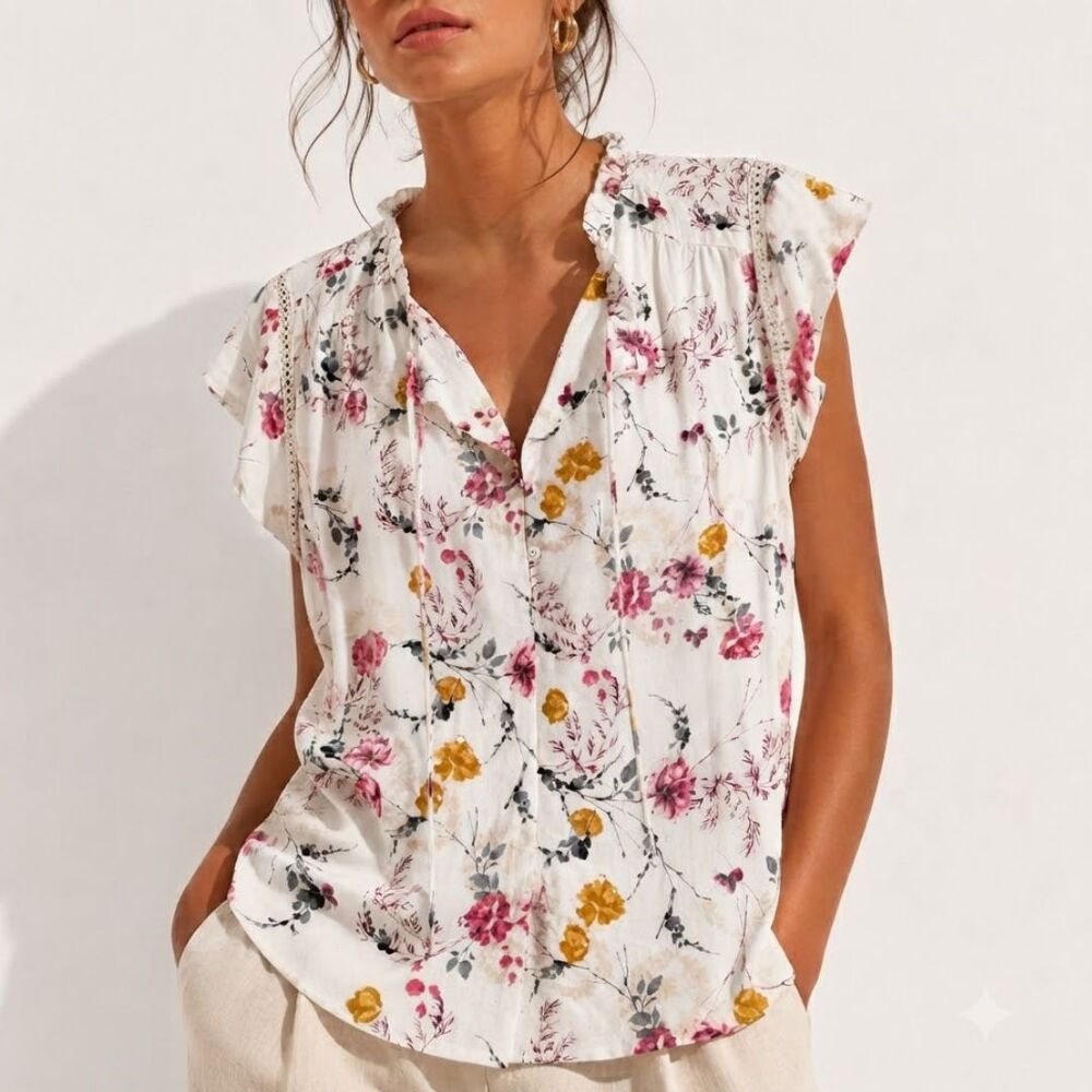 Buffalo David Bitton Top Size M Floral Crochet 100% Viscose Relaxed Boho Ivory